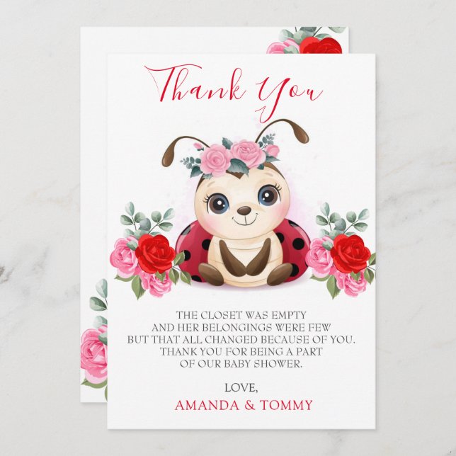 Merci de Baby shower de petite fille Ladybug (Devant / Derrière)