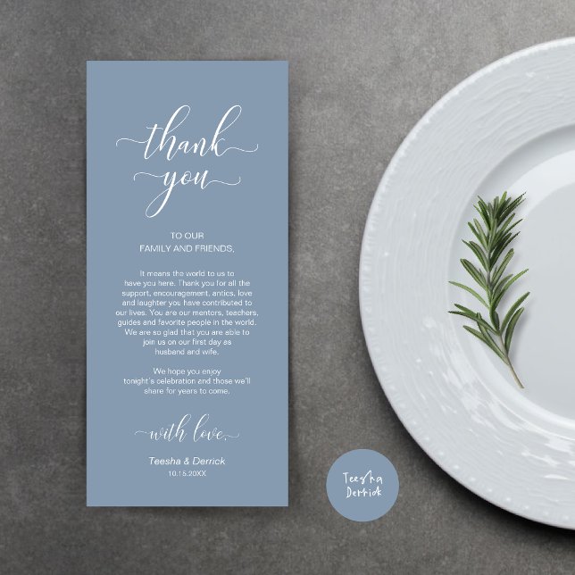 Merci De Cadre, Elégante Carte Bleue Dusty (Wedding Dinner Place Setting Thank You Card, Modern Classy Design, Dusty Blue)
