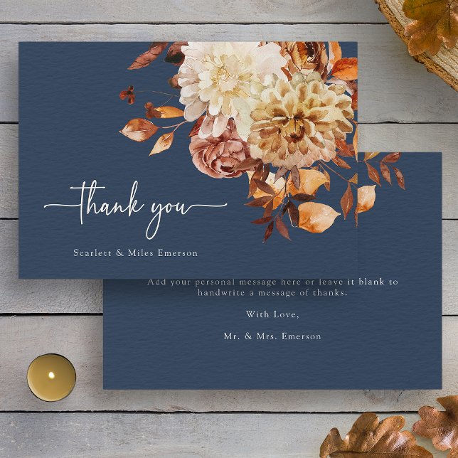 Merci de chute bleu de la marine (Watercolor Navy Blue Fall Floral Thank You Card by Painted Paperie
)