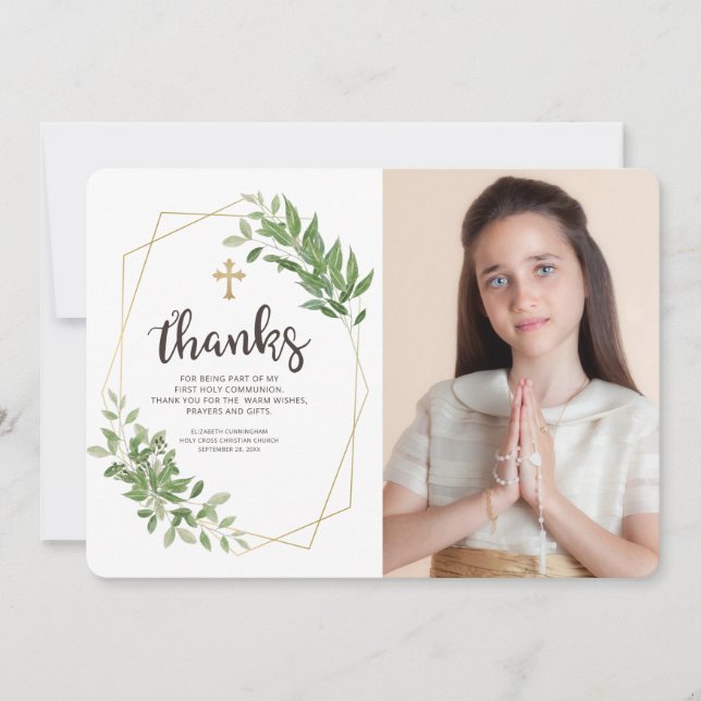 Merci de communion photo de feuillage géométrique (Devant)