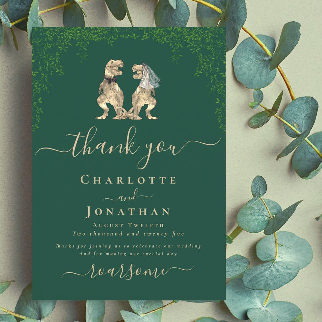 Merci de la mariée de dinosaure et du Mariage de c (Dinosaur wedding dark green custom thank you card Eucalyptus foliage T-Rex dino bride and groom )