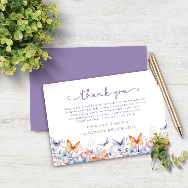 Merci de la sympathie florale du papillon lavande (Lavender Butterfly Floral Sympathy Thank You Note Card)