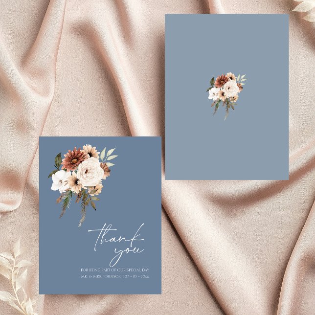Merci de Mariage floral rustique bleu foncé (Elegant Dusty Blue Peach Floral Wedding Thank You)