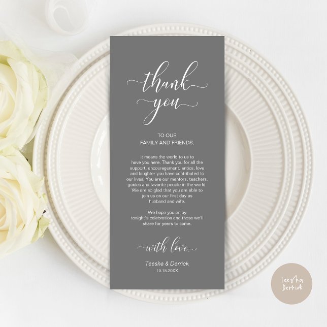 Merci de réglage, élégante carte gris foncé (Wedding Dinner Place Setting Thank You Card, Modern Classy Design, Dark Grey)