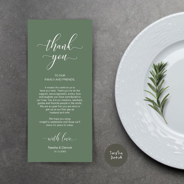 Merci de réglage, Elégante carte verte Sage (Wedding Dinner Place Setting Thank You Card, Modern Classy Design, Forest Sage Green)