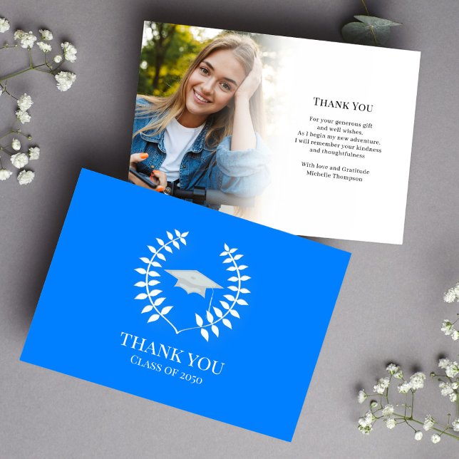 Merci diplômé Photo Classique bleu bleu bleu bleu  (Graduation azure blue and white classic laureate photo thank you card. )