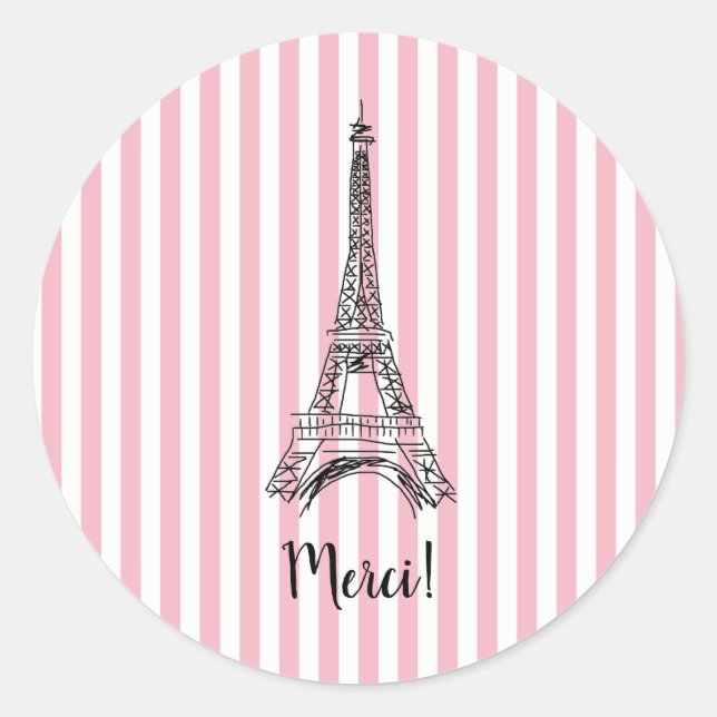 Merci Eiffel Tower Paris Pink Stripe Runder Aufkleber (Vorderseite)