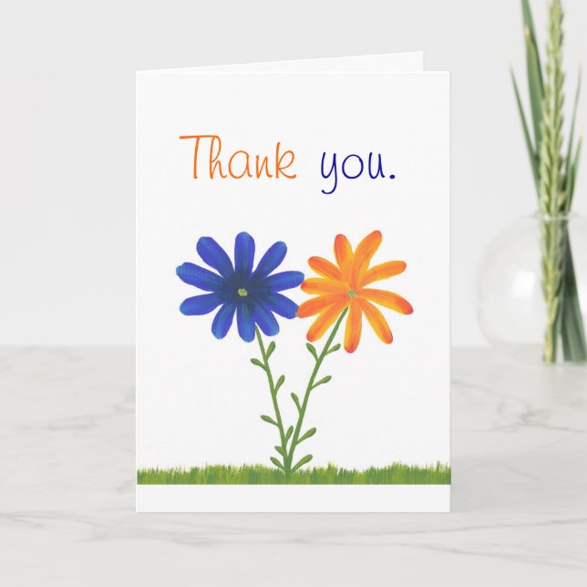Merci, fleurs bleues et oranges, cartes de remerci (Devant)