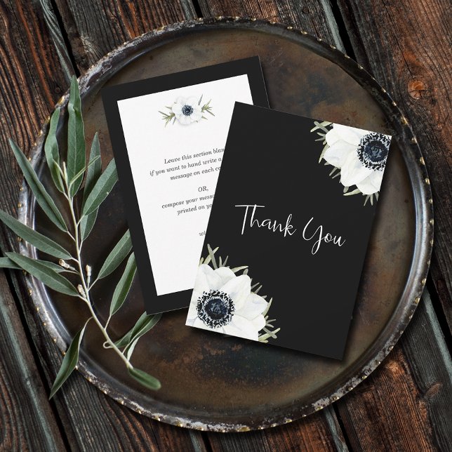 Merci floral noir blanc anémones (Black and White Anemones Floral Flat Thank You Cards - 3.5" x 5")