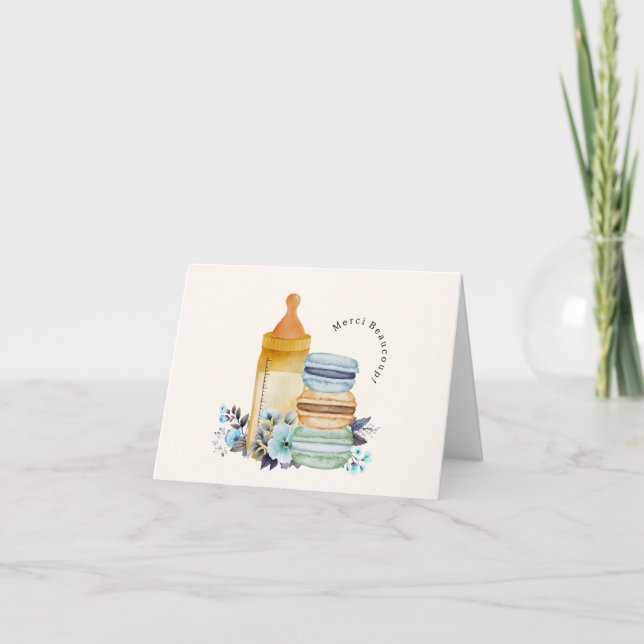 Merci Macarons & Milk Blue Baby Shower Dankeskarte (Vorderseite)