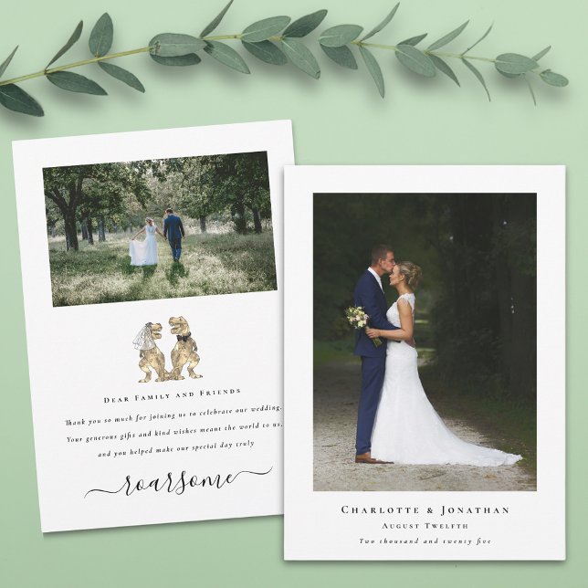 Merci photo de la mariée et du Mariage de la chamb (Dinosaur wedding photo thank you card 2 photograph Funny T-Rex bride and groom elegant modern script)