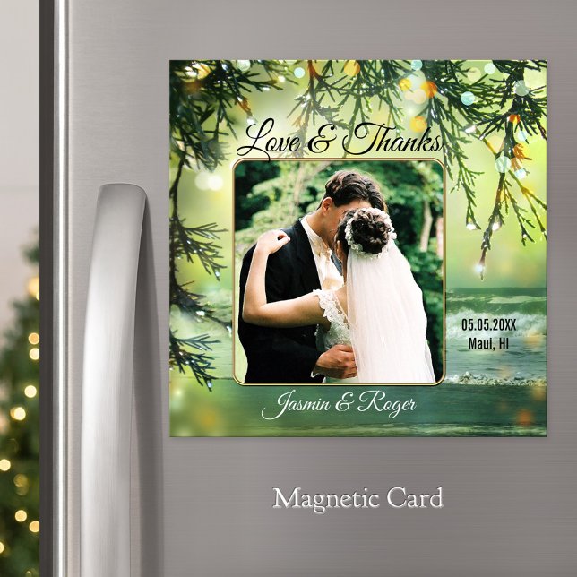 Merci photo de mariage de plage Carte magnétique (Wedding Thank You magnetic card featuring your photo framed by a festive teal sparkling beach )