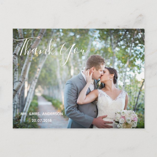 Merci photo mariage | Carte postale élégante Scrip (Devant)