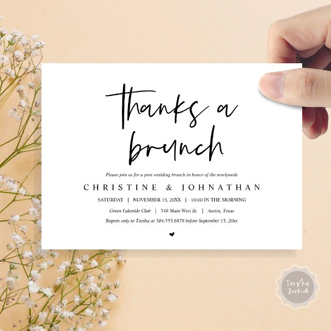 Merci pour un brunch, invitation de célébration ap (Thanks a brunch, post wedding elopement invitation card, PDF, modern script, black and white)
