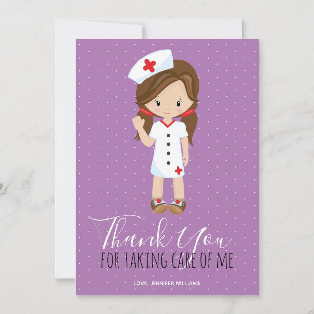 Merci Purple Script Brunette Caricature Nurse (Devant)
