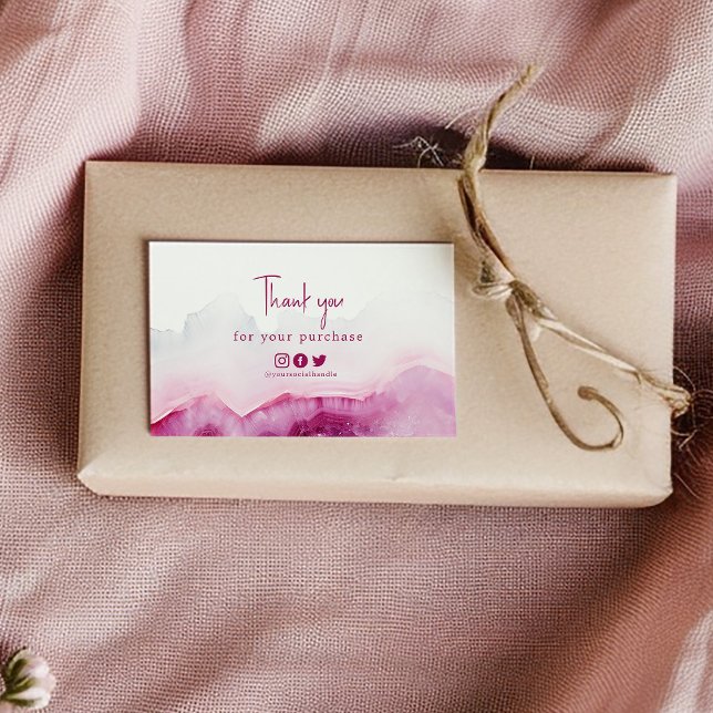 Merci rose agate insérer carte liens sociaux (Pink agate effect enclosure card that says "Thank you for your purchase" and social media icons)