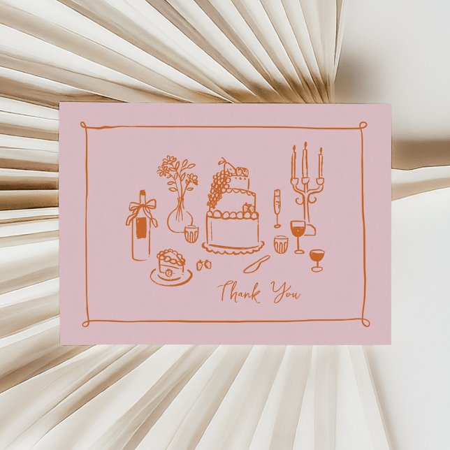 Merci rose Whimsical Doodle tiré à la main (bridal shower thank you card in pink and orange hand-drawn food doodles)