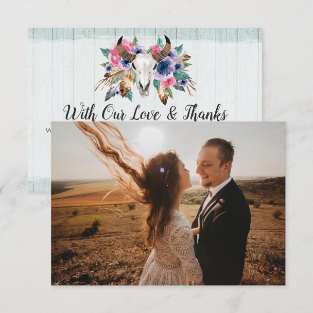 Merci Russe Floral Vache Crâne Boho Carte photo (Devant / Derrière)
