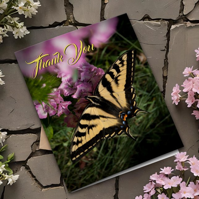 Merci Swallowtail papillon rose été floral (Pretty Tiger Swallowtail butterfly garden thank you card nature photo with pink flowers)