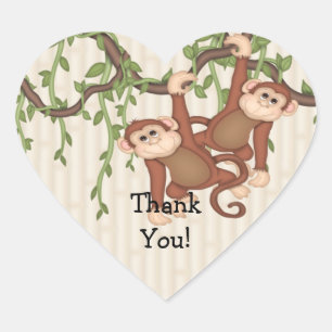 Merci Twin Monkeys Baby shower Coeur Sticker