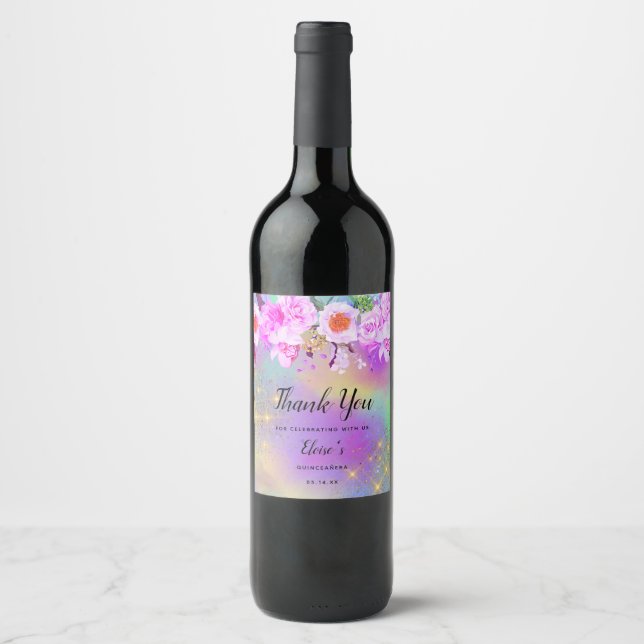 Merci Vin Étiquette Rainbow Floral Party Favoriser (Devant)