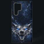Mercury Wolf Blue Sapphire Eyes Glacial Samsung Galaxy Hülle<br><div class="desc">A fierce and sophisticated phone case featuring a snarling wolf head, expertly "forged" from shimmering liquid mercury. The deep blue sapphire eyes provide a stunning contrast against the dark, cracked glacial ice background. Designed for the modern flagship phone with a bottom-weighted layout to ensure the artwork remains clear of all...</div>