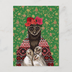 Mère hibou trois poulettes carte postale