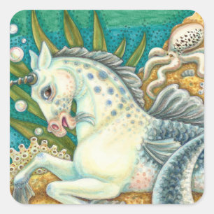 MERHORSE & WEISSER OKTOPUS, FANTASIE-EINHORN-PFERD QUADRATISCHER AUFKLEBER