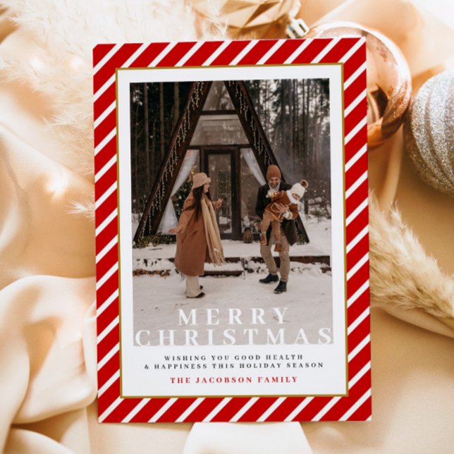 MERI Festive Red Stripes Foto Weihnachtskarte Einladung (Von Creator hochgeladen)