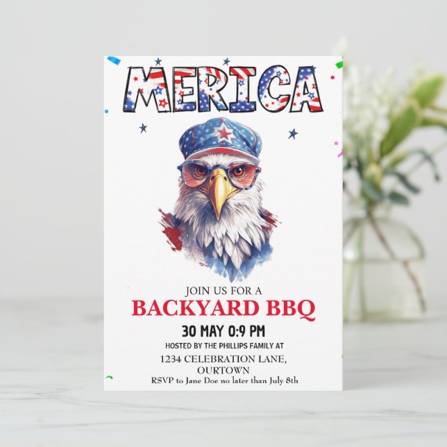 Merica 4. Juli Backyard GRILLEN Einladung (Stehend Vorderseite)