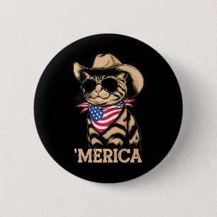Merica Cat Patriotic American Flag Cowboy Sungles Button