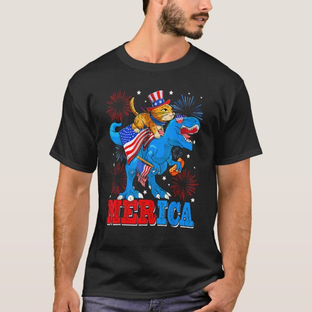 Merica Cat  Rex America Flag Dinosaurs 4th Of July T-Shirt (Vorderseite)