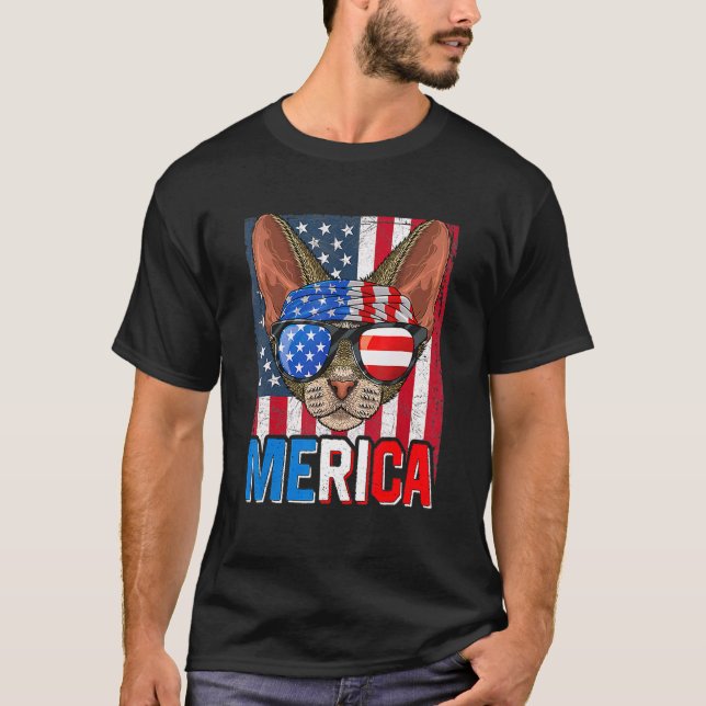 Merica Devon Rex Katze 4. Juli  Amerikanische Flag T-Shirt (Vorderseite)