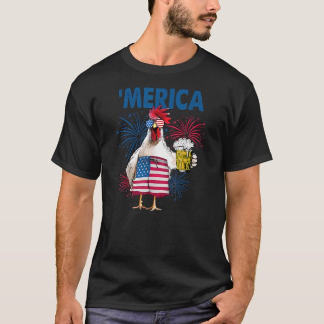 Merica Funny Chicken mit Bier USA Flag 4. T-Shirt (Vorderseite)