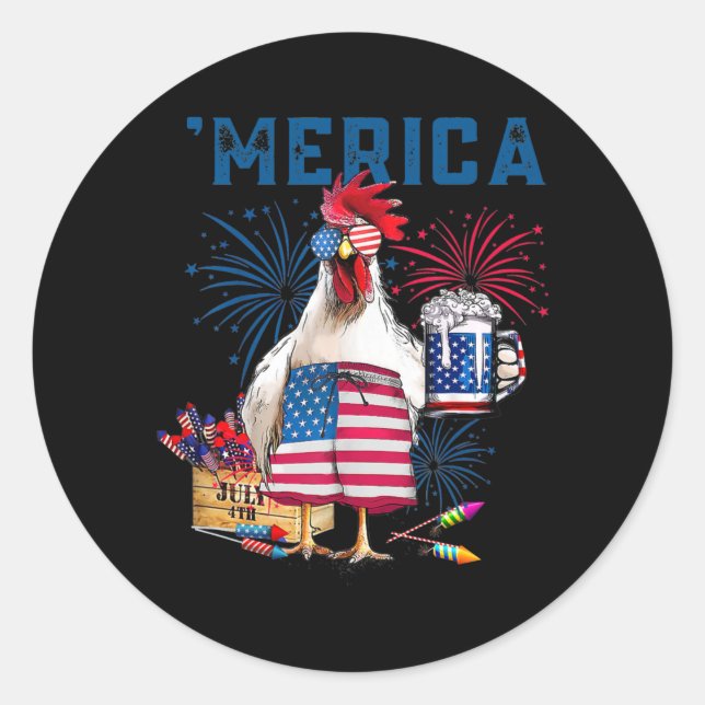 Merica Funny Chicken with beer USA Flag 4th of Runder Aufkleber (Vorderseite)
