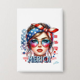 MERICA' Girl - Retro Patriotic USA Flag Bandana Su Button