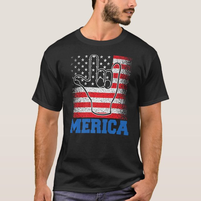 Merica Rock Sign 4. Juli US-amerikanische Flagge T-Shirt (Vorderseite)
