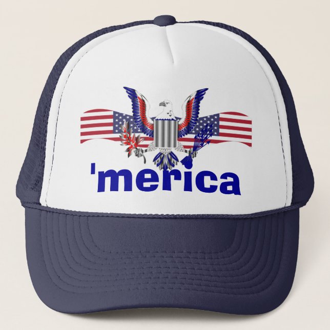 'merica Text mit Adler u. amerikanischer Flagge Truckerkappe (Vorderseite)