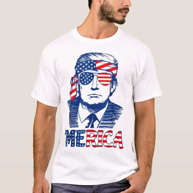 MERICA TRUMP Happy 4. Juli Trump American Flag T-Shirt (Vorderseite)