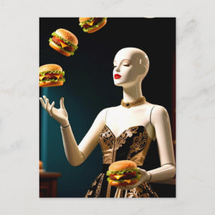 Merkwürdige Schaufensterpuppe mit Cheeseburgern Postkarte