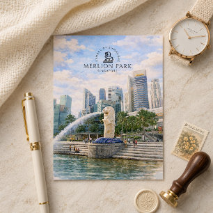 Merlion Park Singapur   Wasserfarben Wahrzeichen Postkarte