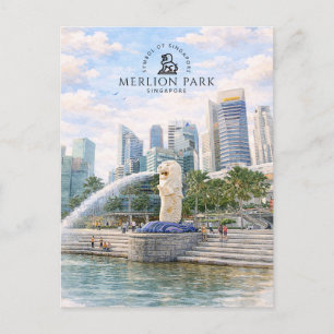 Merlion Park Singapur   Wasserfarben Wahrzeichen Postkarte