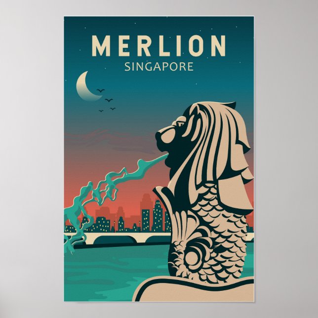 Merlion Singapur Reisen Vintage Kunst Poster (Vorne)