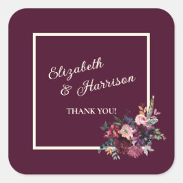 Merlot Burgundy Floral Gerahmt Vielen Dank Quadratischer Aufkleber