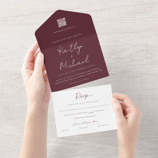 Merlot Burgundy Wedding Modern All in One Einladung (Abreißen)