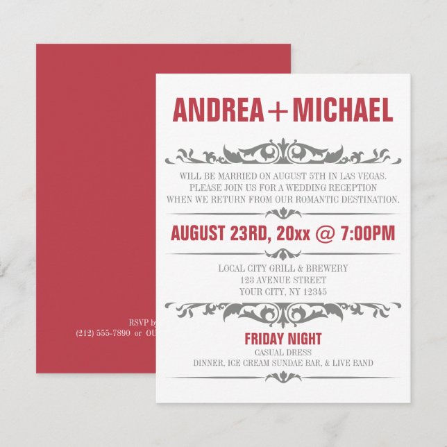 Merlot & Grey Wedding Reception NUR Einladungen (Vorne/Hinten)