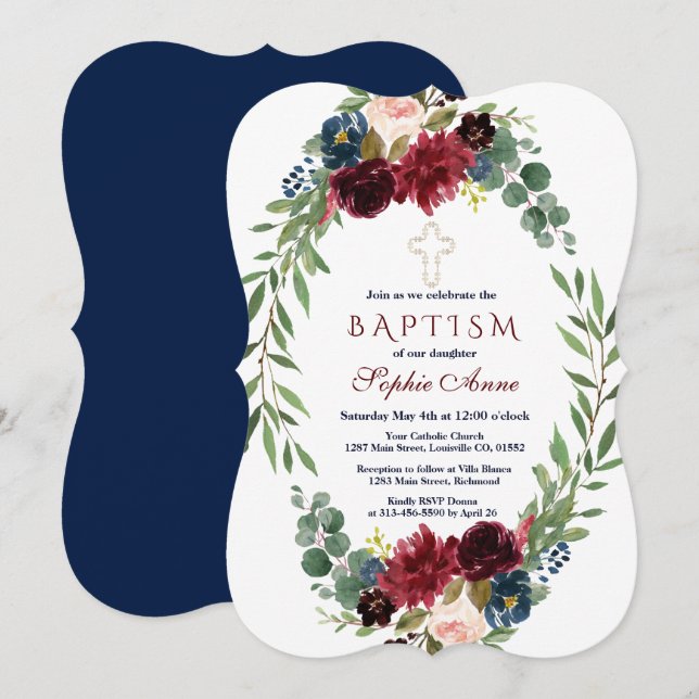 Merlot Marine Bleu Floral Bloom Baptême Invitation (Devant / Derrière)