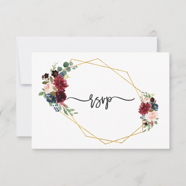Merlot Marine Blue Floral Gold Frame Wedding RSVP (Devant)