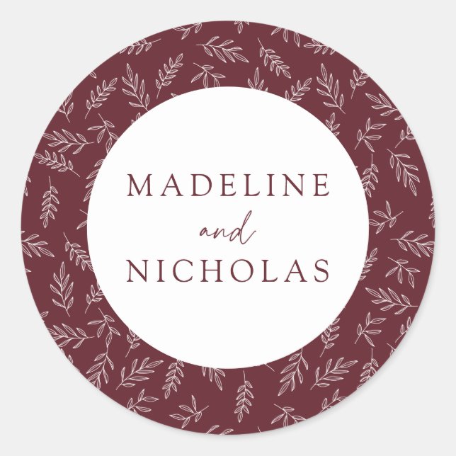 Merlot Moderne Minimalistische botanische Hochzeit Runder Aufkleber (Vorderseite)