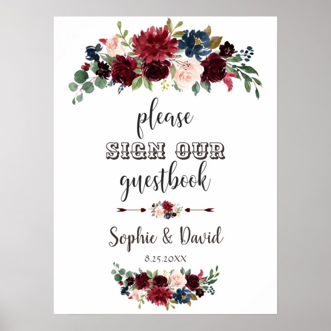 Merlot Navy Blue Floral Bitte unterschreiben Sie u Poster (Vorne)